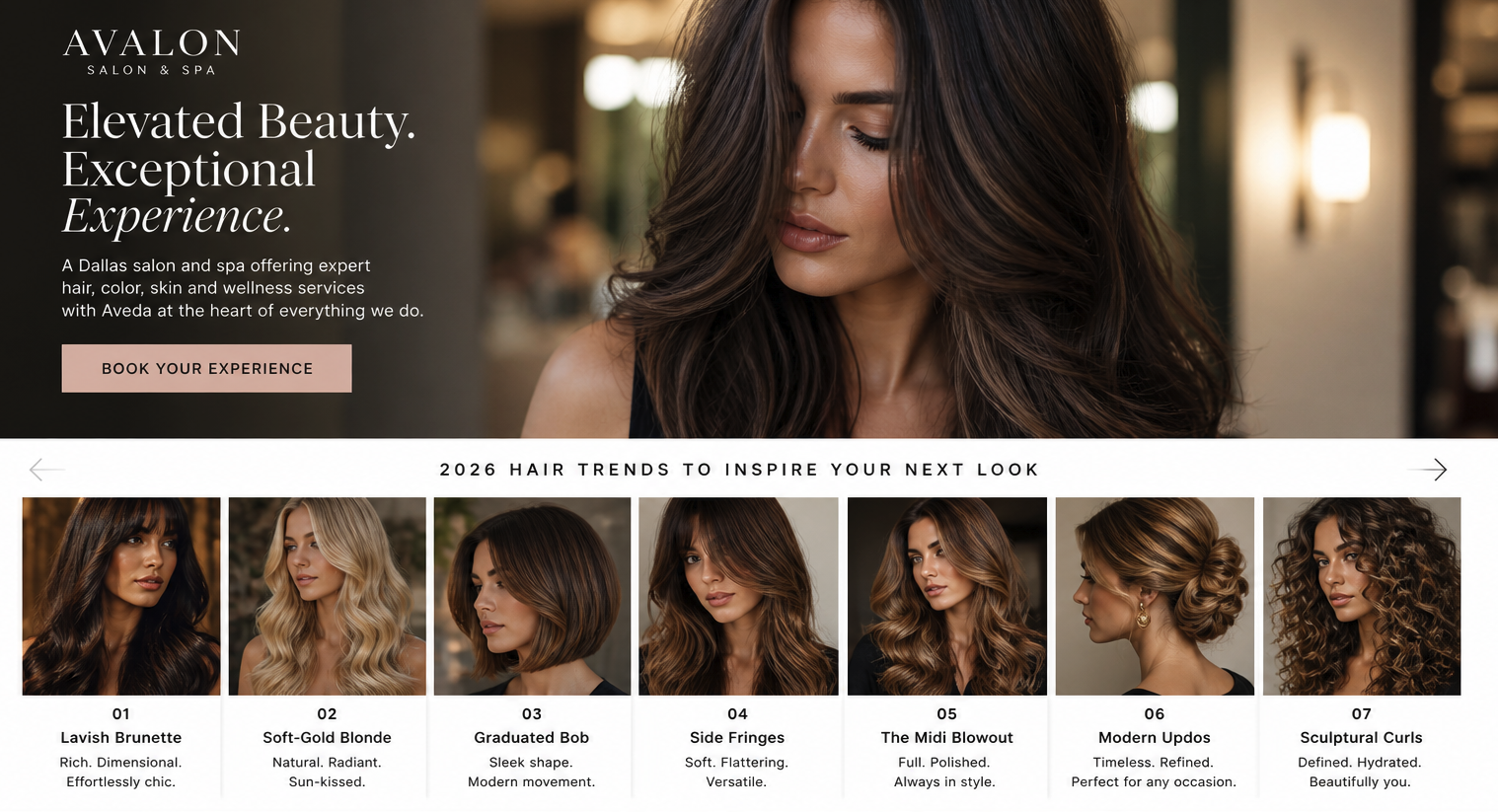 Discover Avalon Salon & Spa’s 2024 hair trends—featuring glossy brunette hair, the graduated bob Dallas loves, plus soft-gold blonde, French fringes, midi blowouts, modern updos, and sculptural curls—all styled to perfection.