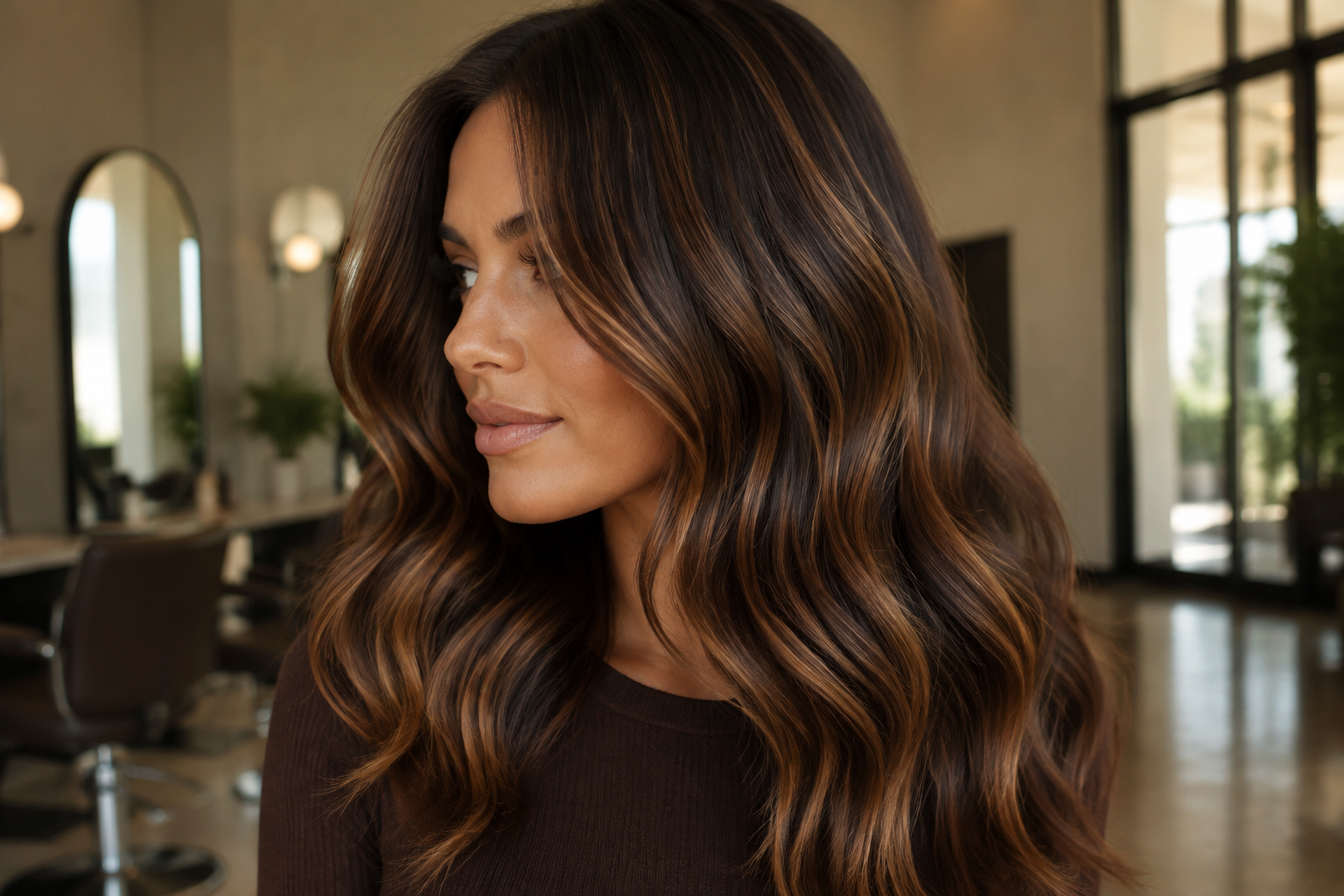 Glossy dimensional brunette hair with caramel highlights in Dallas