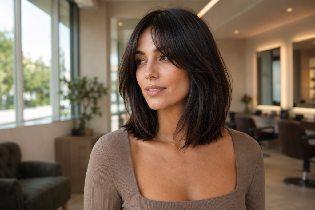 Italian midi haircut with curtain bangs at a Dallas salon